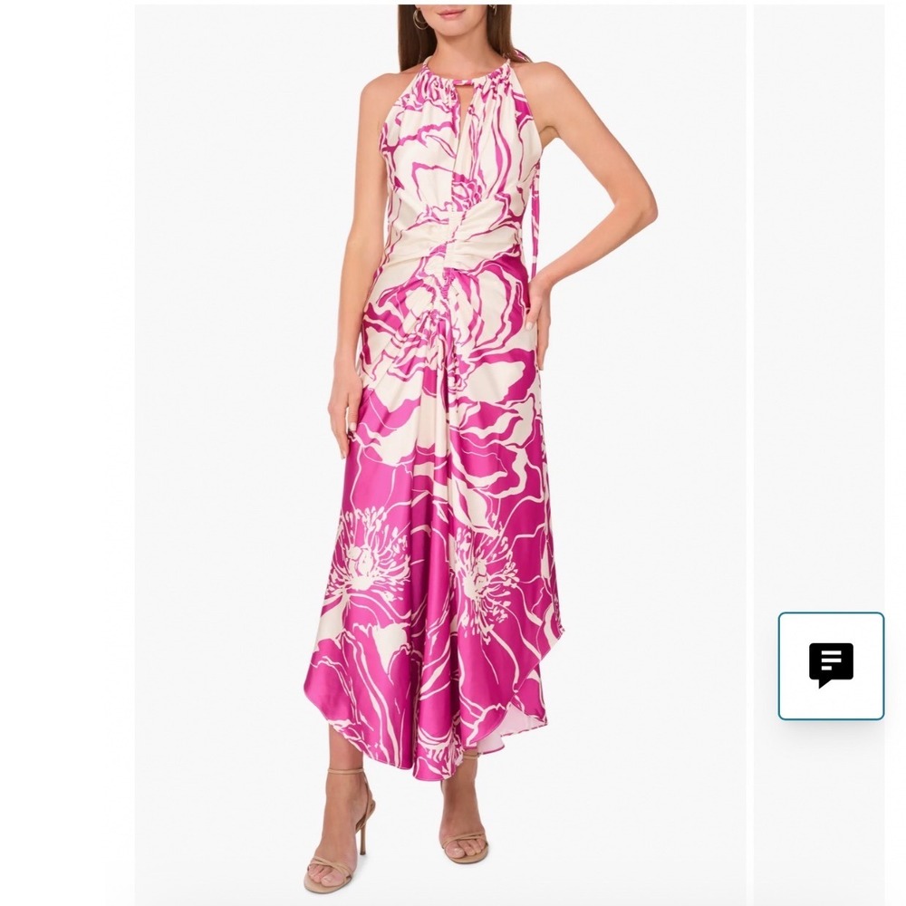 Parker Imani Floral Cutout Ruched Satin Maxi Dress Fuchsia Pink Cream 12